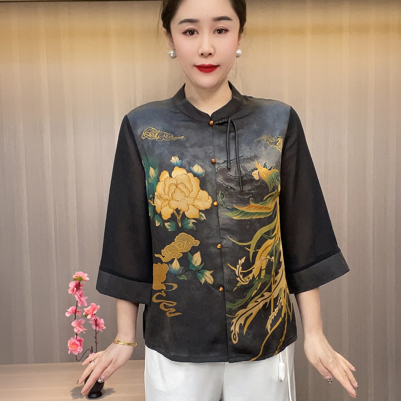 8519新款夏季七分袖立领民族风中老年开衫精品高档时尚妈妈装