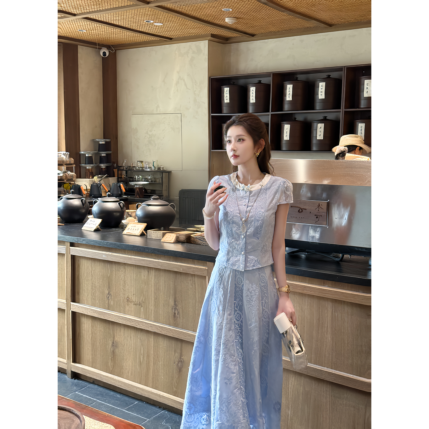【早寻】婷婷《月蓝汐》蕾丝刺绣 新中式衬衫/定位半裙 T626A08695-1