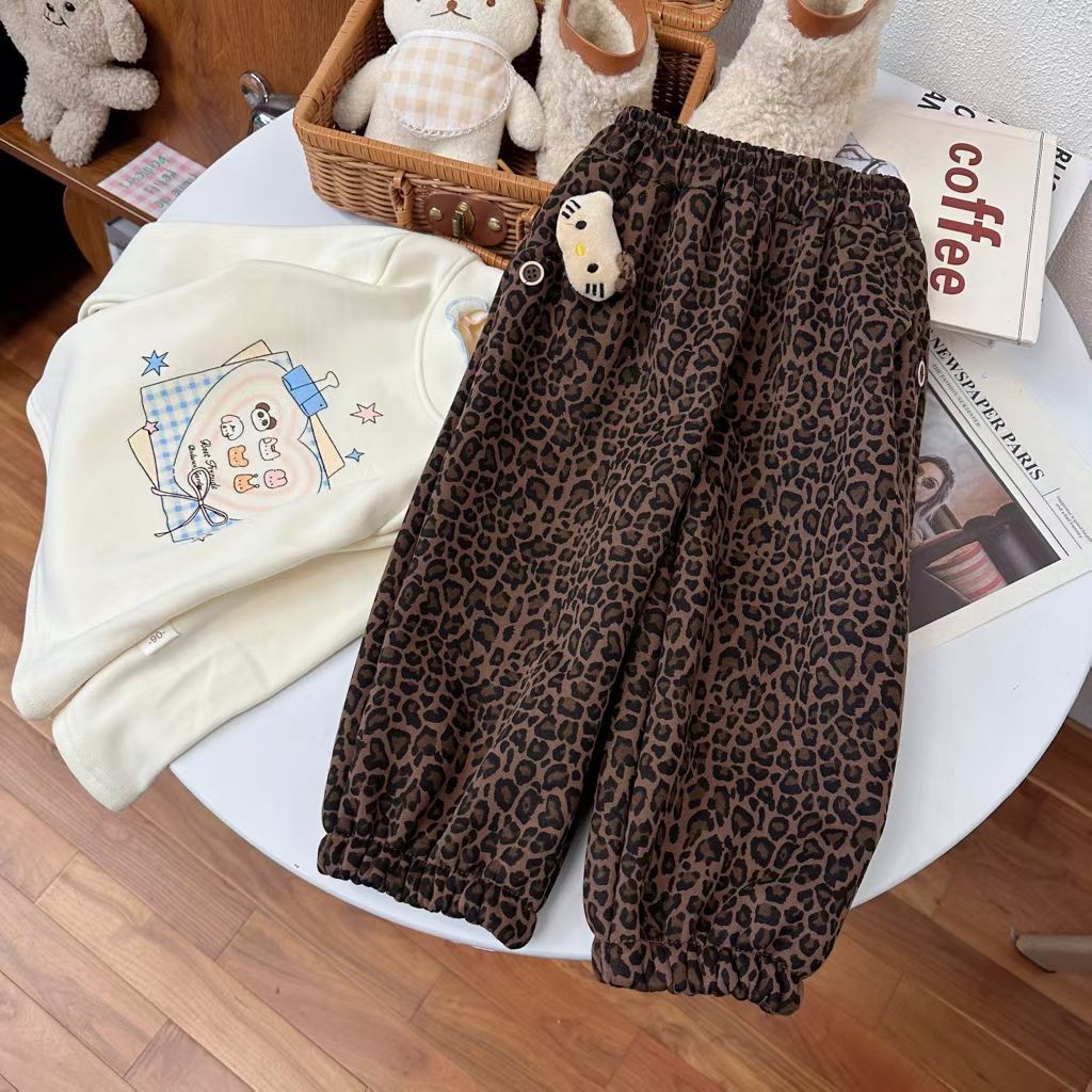女童秋冬加绒加厚豹纹一体绒休闲长裤洋气时髦