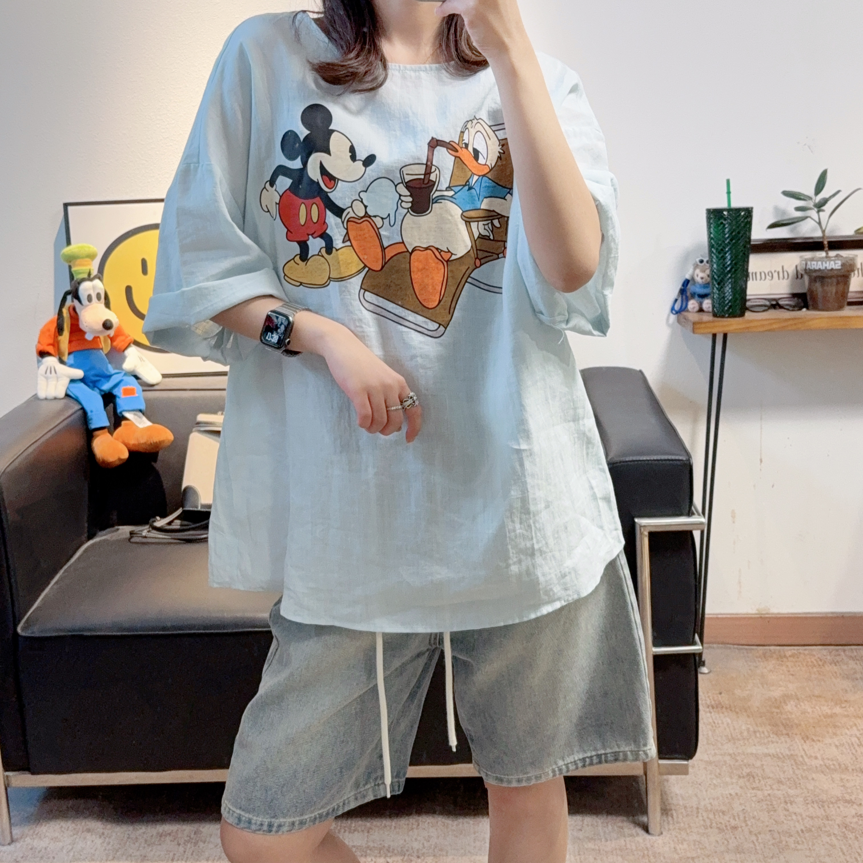 2026夏季新款超洋气苎麻两面穿卡通米奇圆领五分袖T恤女宽松显瘦