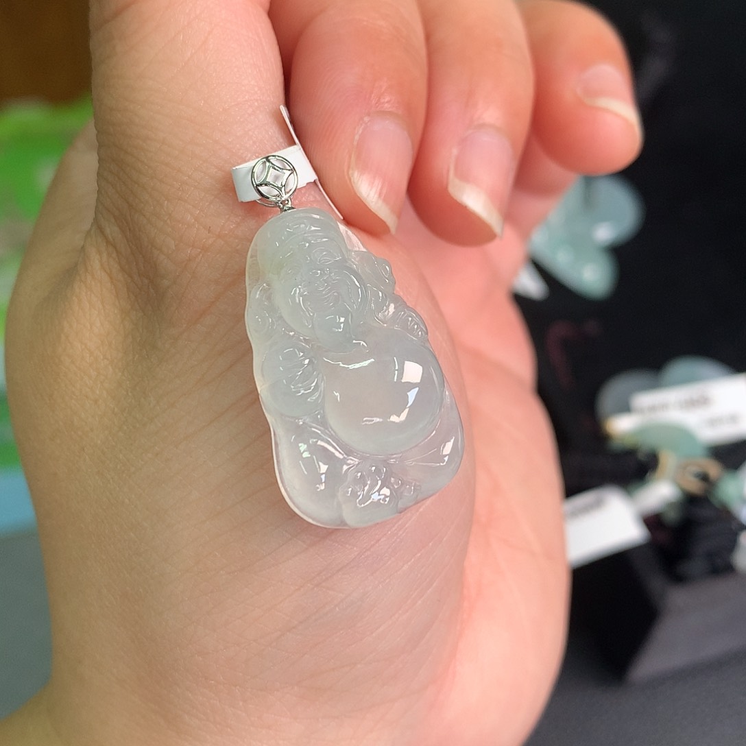 翡翠颈饰18K金镶嵌冰胶财神爷28*18*5.4