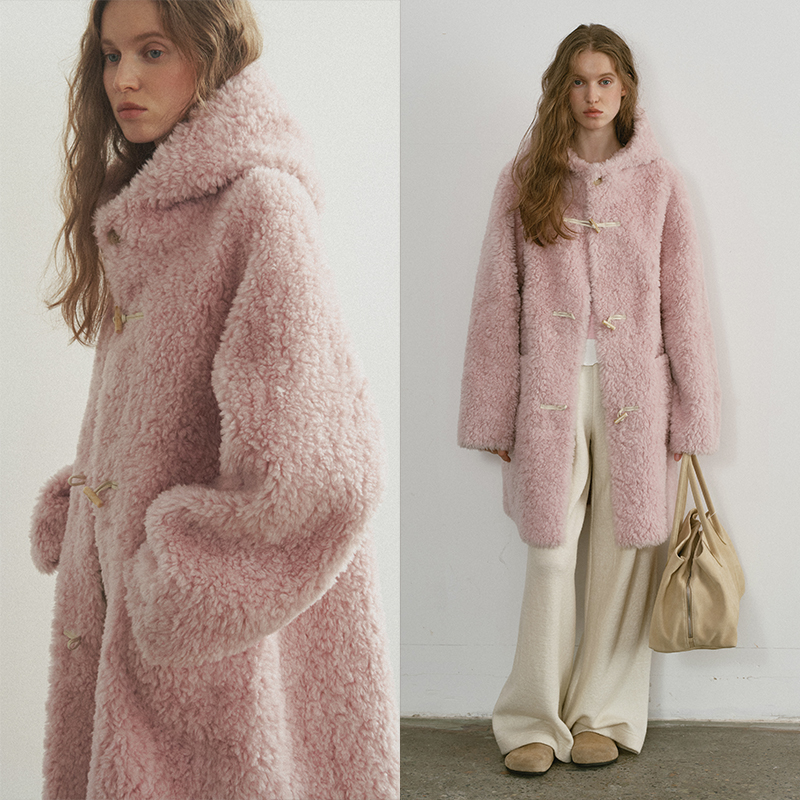 popchrio◆100%绵羊毛加厚毛绒连帽大衣牛角扣粉色小个子毛毛外套