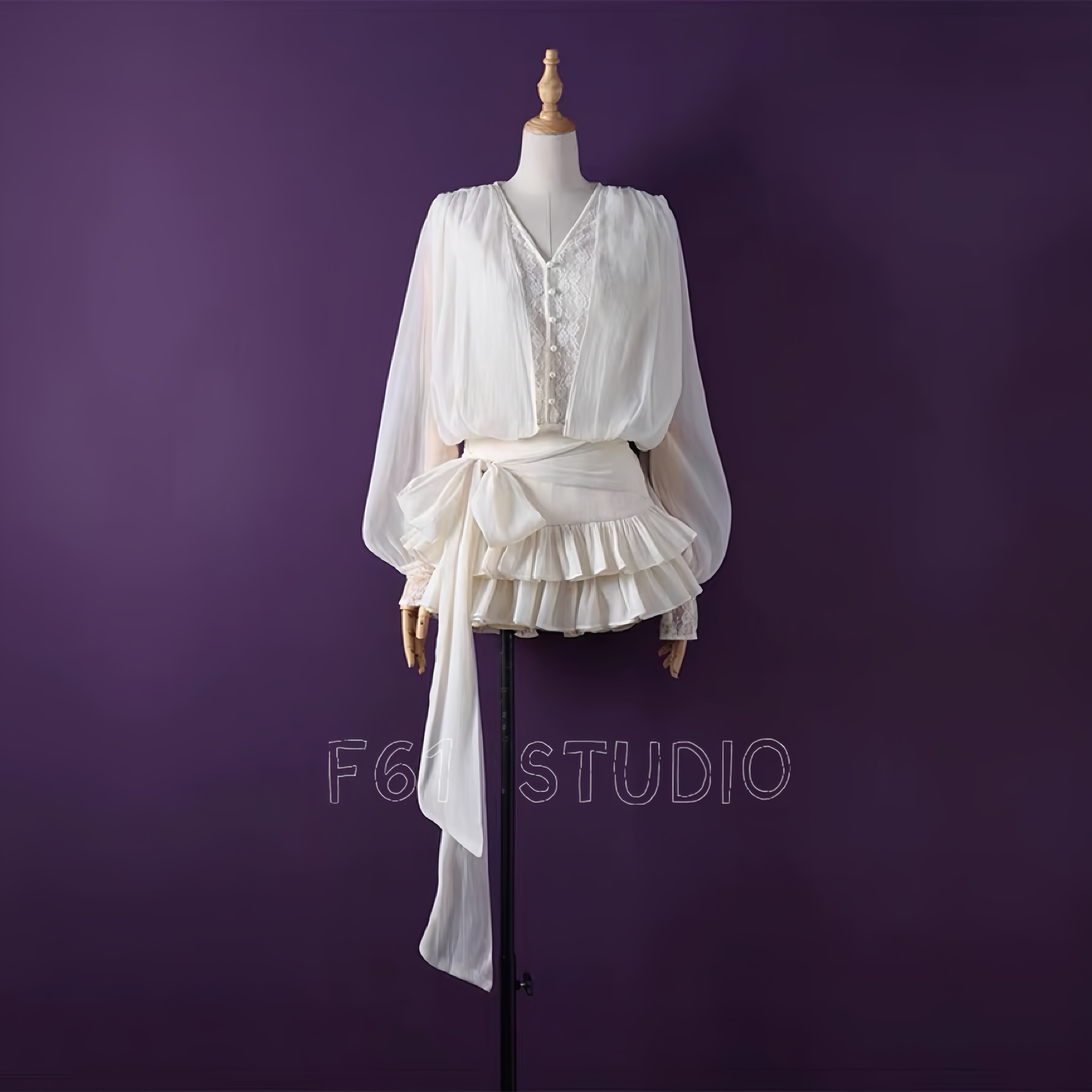 F61【白月纱】法式少女风灯笼袖蕾丝纱飘带蝴蝶结连衣裙收腰蛋糕裙