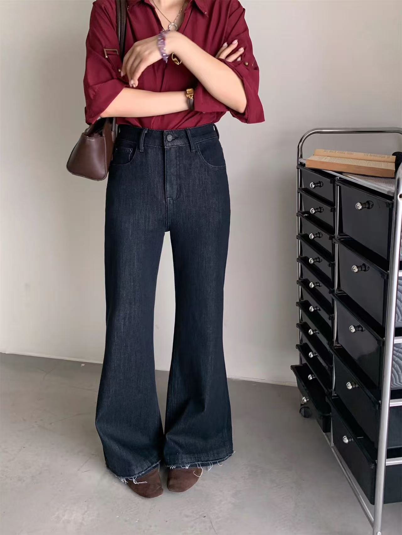 衣＋1 98351早秋款阔腿磨边筒叭牛仔裤女宽松长裤显瘦弹力潮