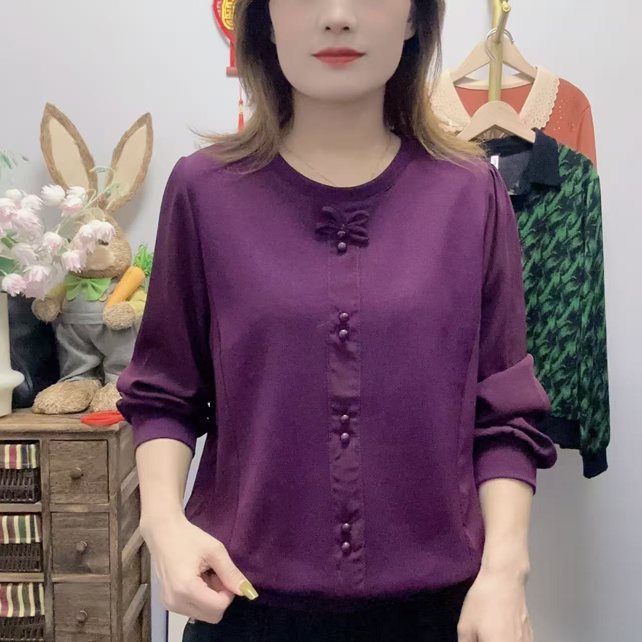 紫色打底衫时尚长袖纯色圆领纽扣法式中老年女装百搭气质显瘦网红