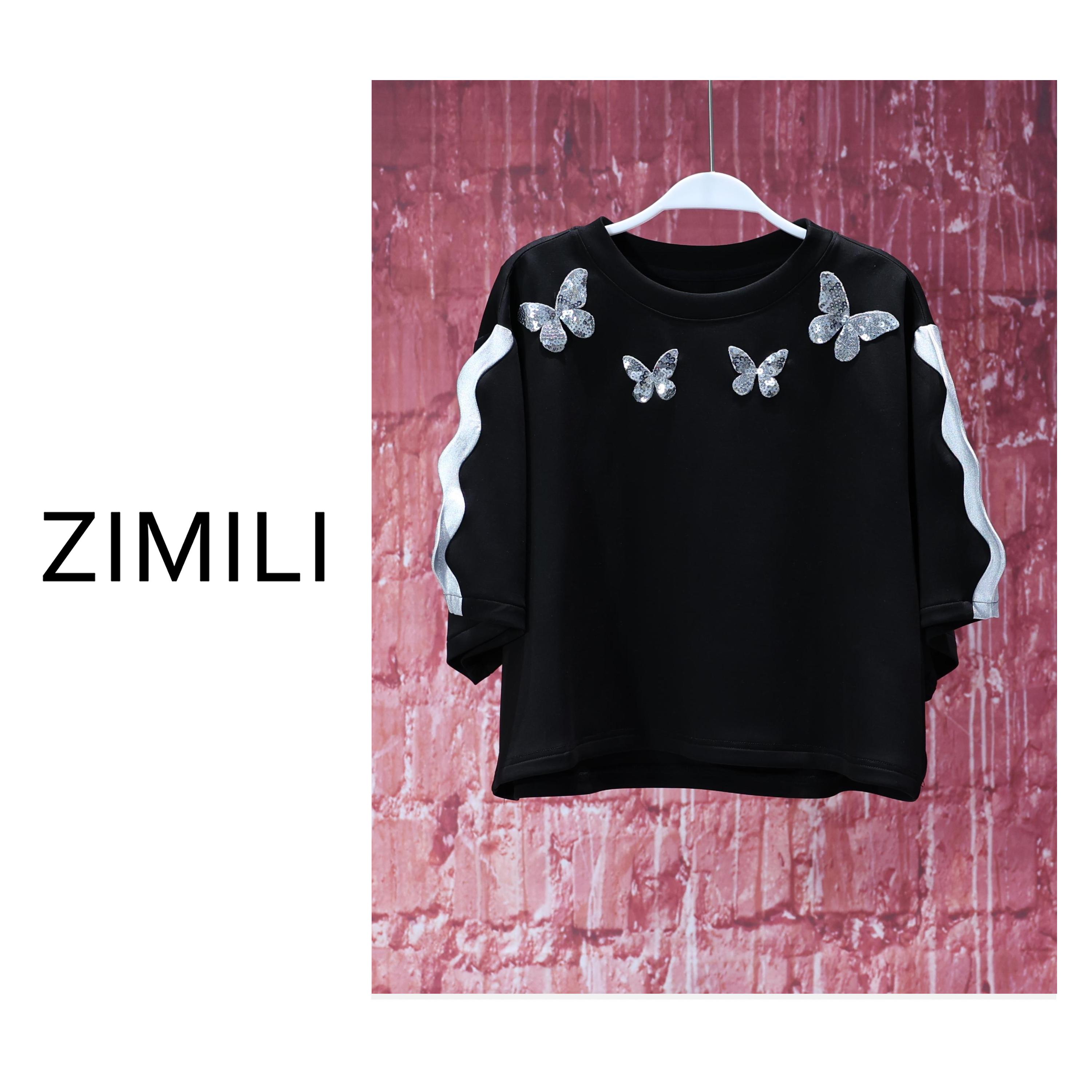 【亮哥女装】2025欧版小众设计师午夜黑蝴蝶珠片绣气质短袖6526-B8