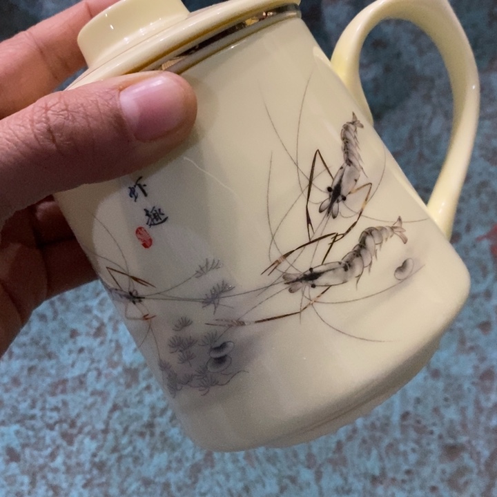 摆件陶黄稀土虾描金办公杯