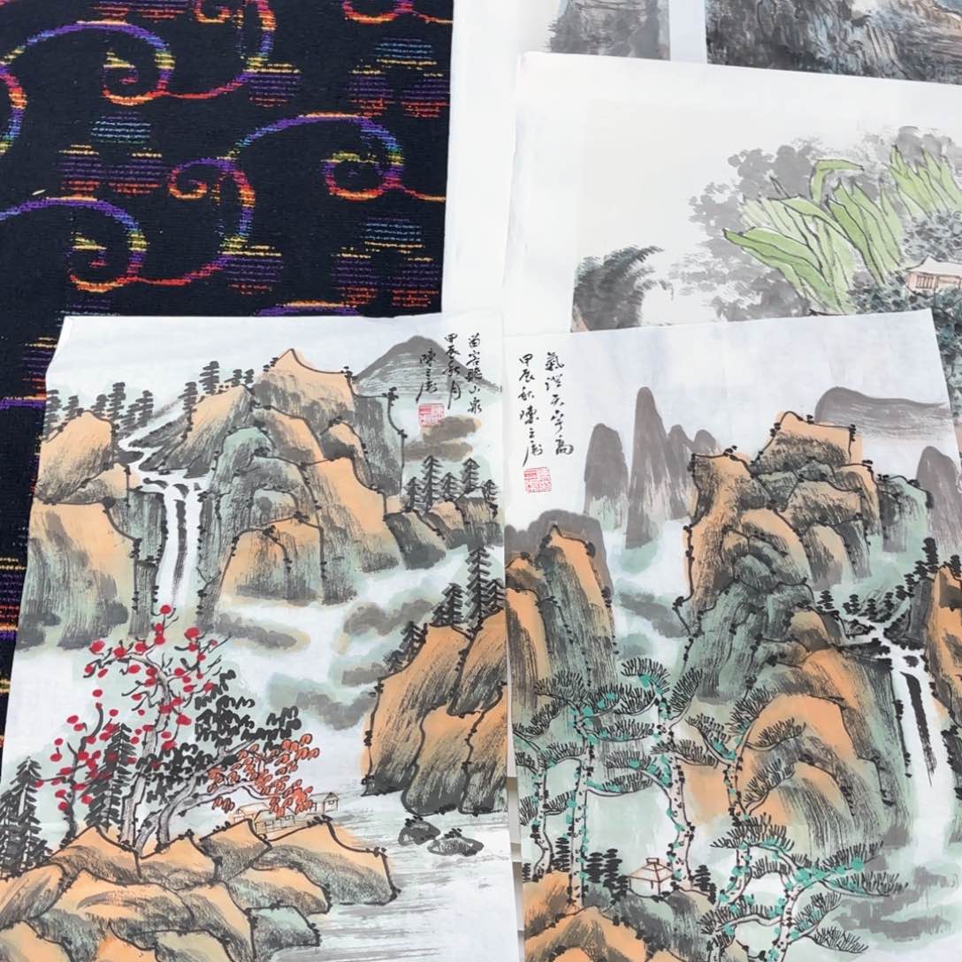 国画陈三虎四尺三开花鸟朱