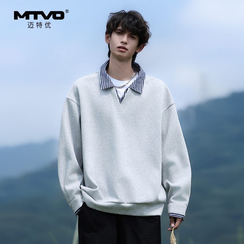 MontVoo/迈特优男士拼接假两件卫衣撞色潮流套纹秋季翻领男装 502