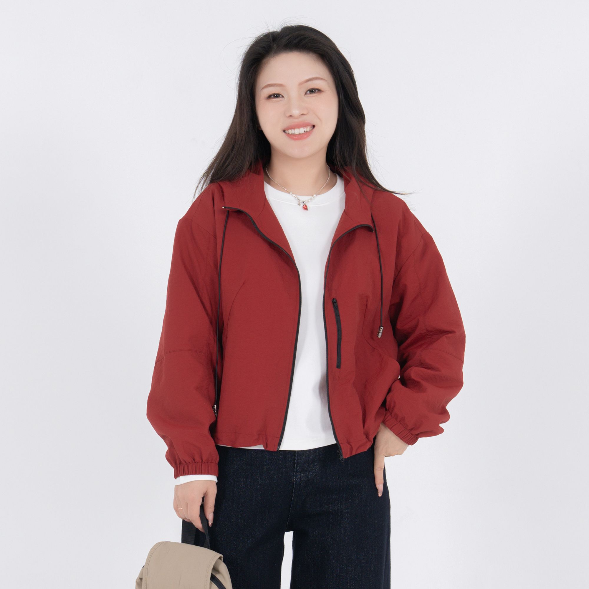 小个子圆圆2581户外短外套长袖连帽冲锋衣百搭宽松秋款上衣女装