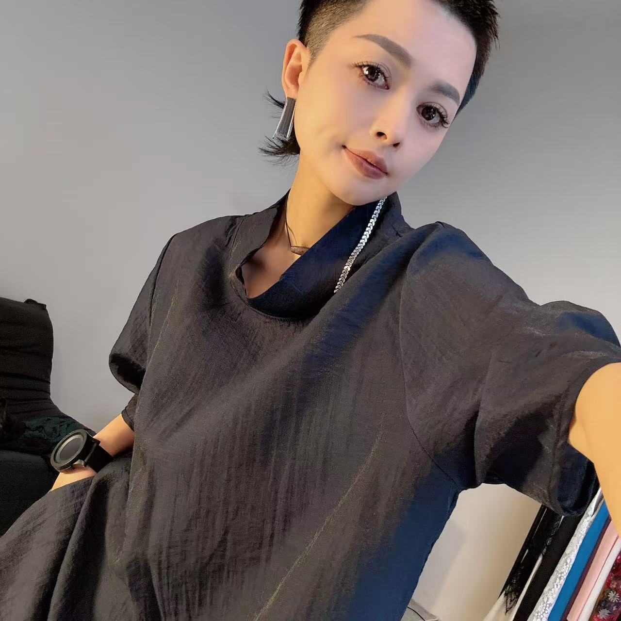 沐爷家——1104休闲百搭蓝色减龄随意领时尚夏季宽松上衣