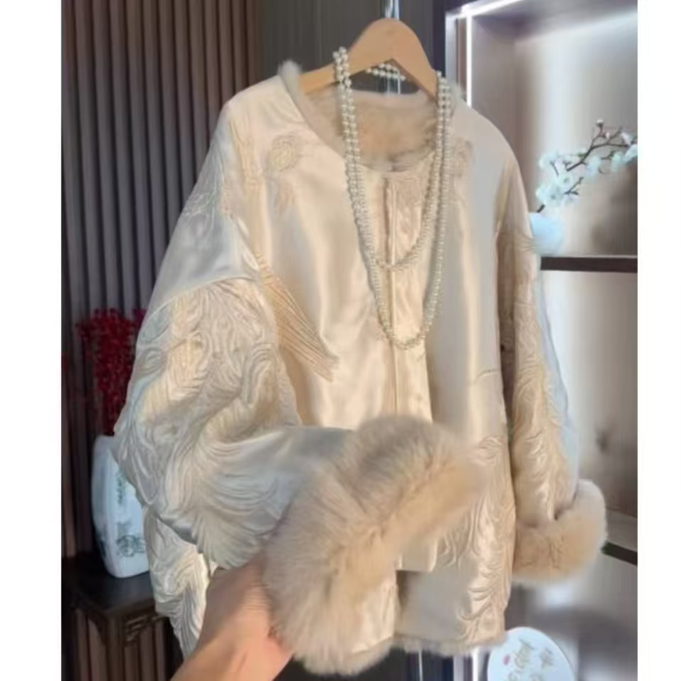 【白霜】中式冬重工刺绣兔毛保暖双面外套【中式兔毛内胆】