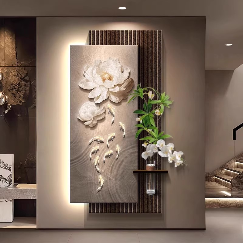 轻奢高级荷花九鱼图玄关装饰画正对门挂画水培绿植走廊过道挂画