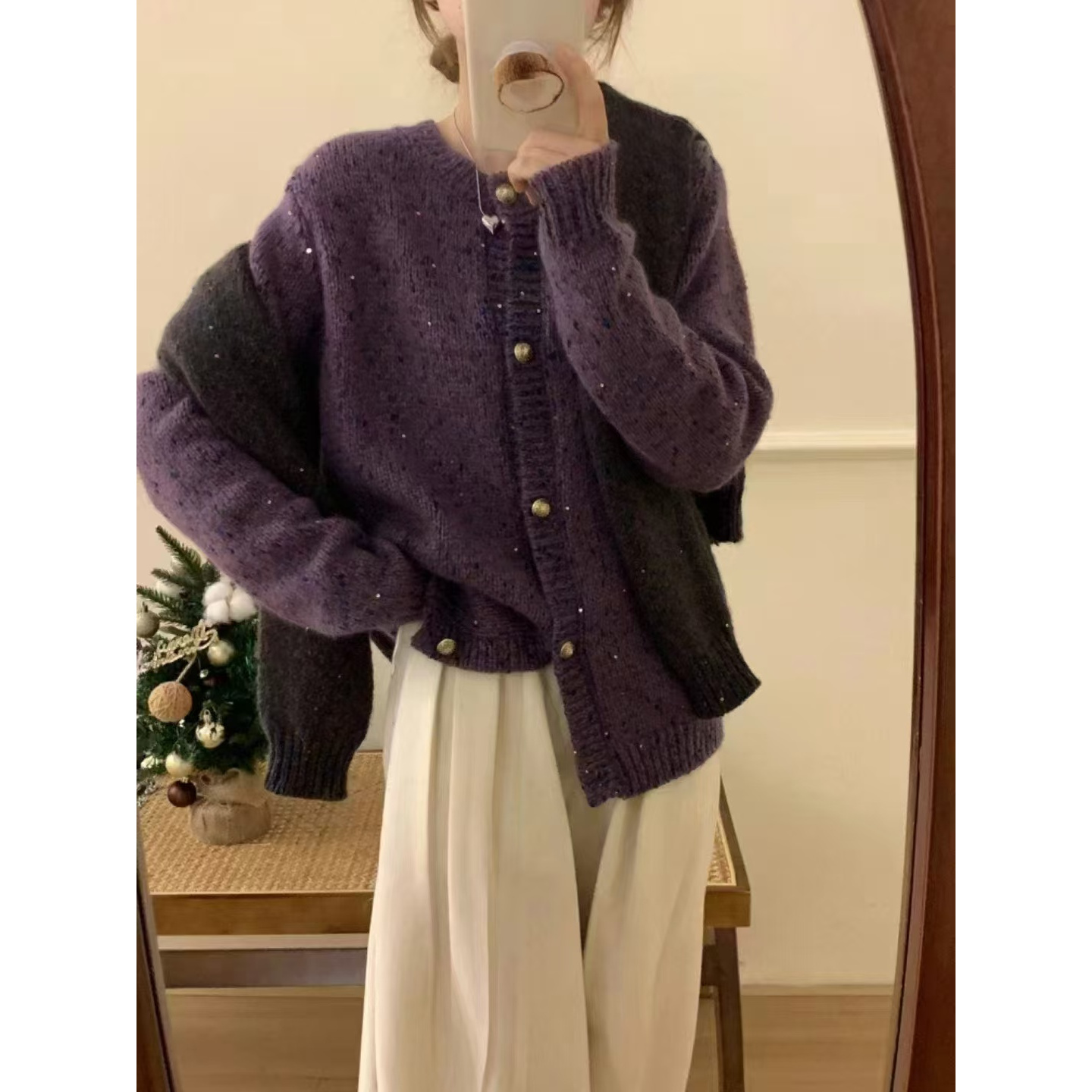圆领亮片点子纱小香风显瘦针织开衫 新选f488 J022504