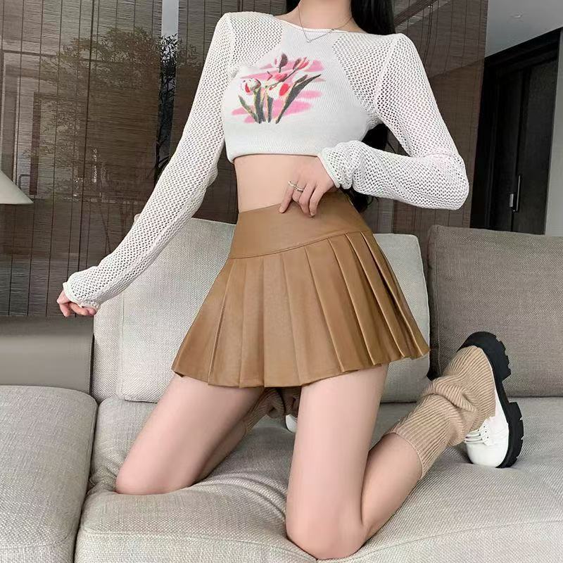 米欧家高腰减龄PU皮百褶半身短裙女遮肉显瘦防走光百搭