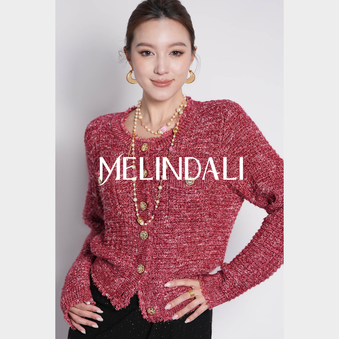 Melinda Li【星夜红】千金莱赛尔银葱绵羊毛剪毛流苏小香风针织外套