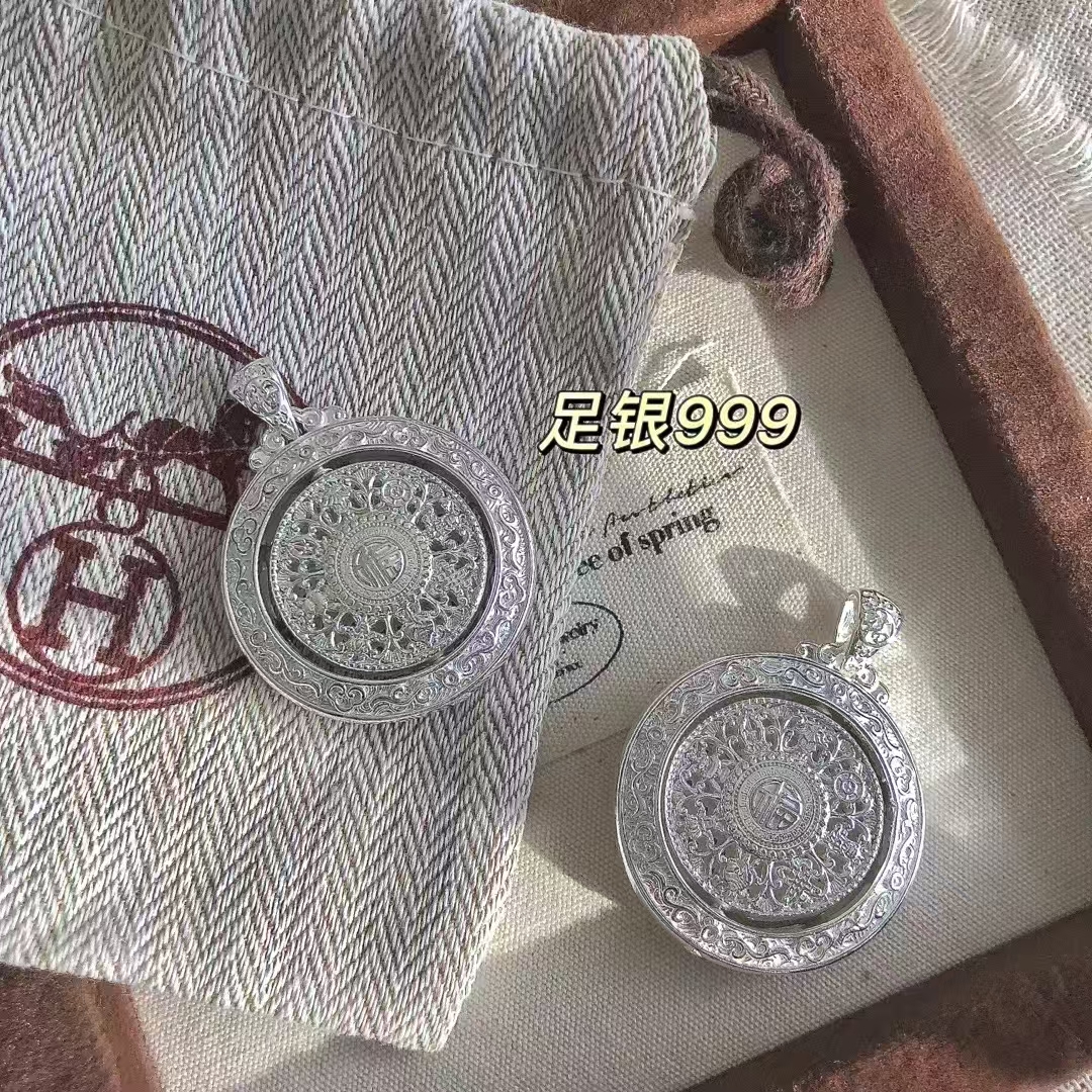坠链均足银 足银999平安扣吊坠花丝葫芦八宝罗盘个性双面镂空