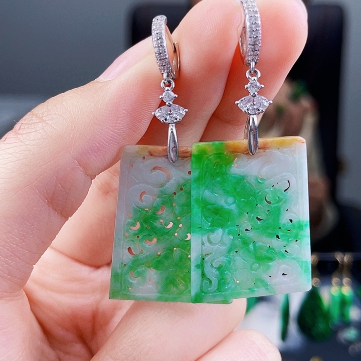 翡翠耳饰银S925镶嵌饰品