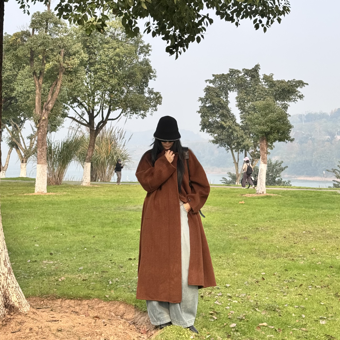 【衣长122】焦糖色立领双面毛呢大衣女秋冬季长款过膝气质外套