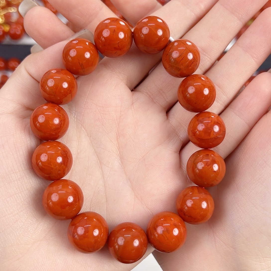 南红玛瑙未镶嵌瓦西柿子红满肉14mm