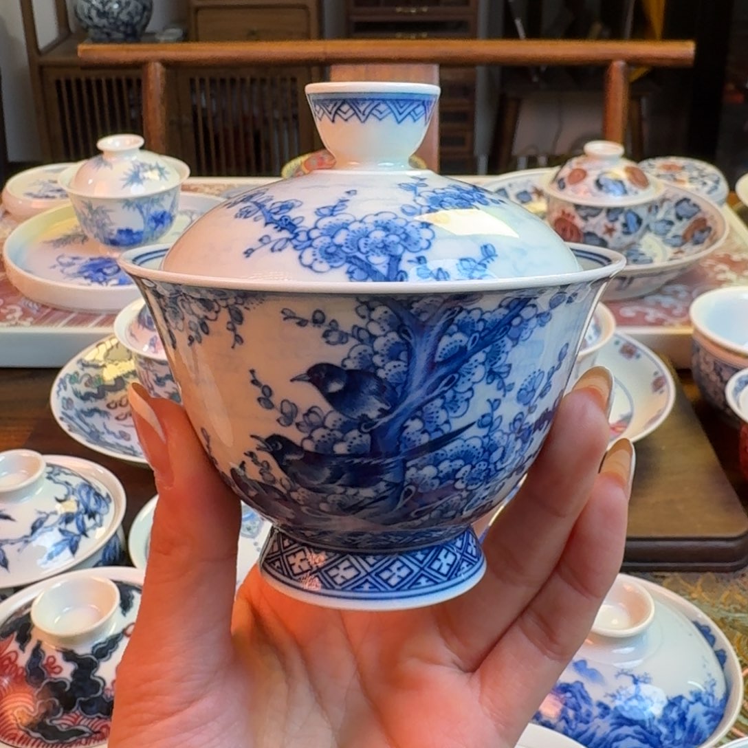 杯重工花鸟盖碗纯手绘福利