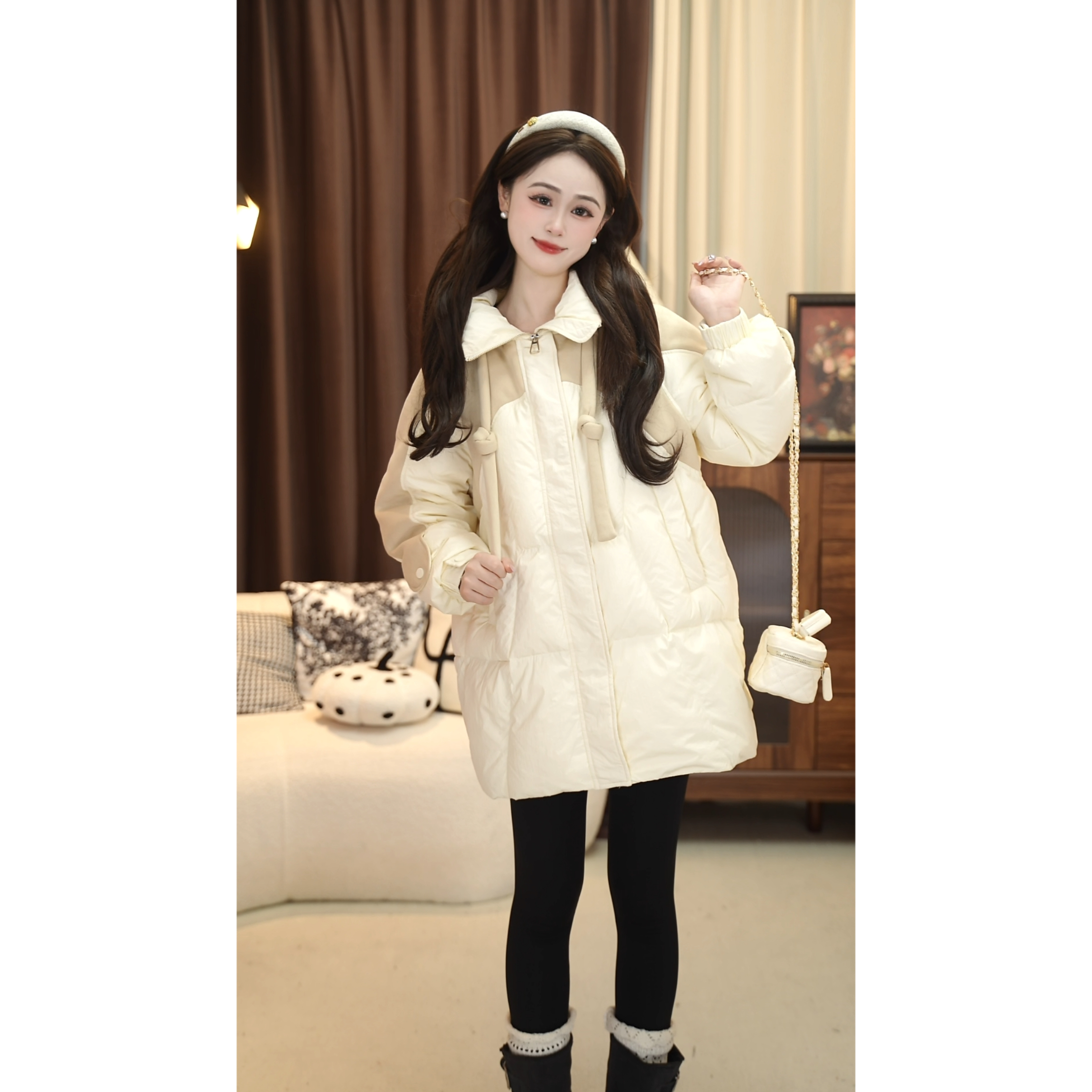 幂雀25热卖款【明星款】中长款拉链休闲风连帽纯色秋冬女装冬季保暖