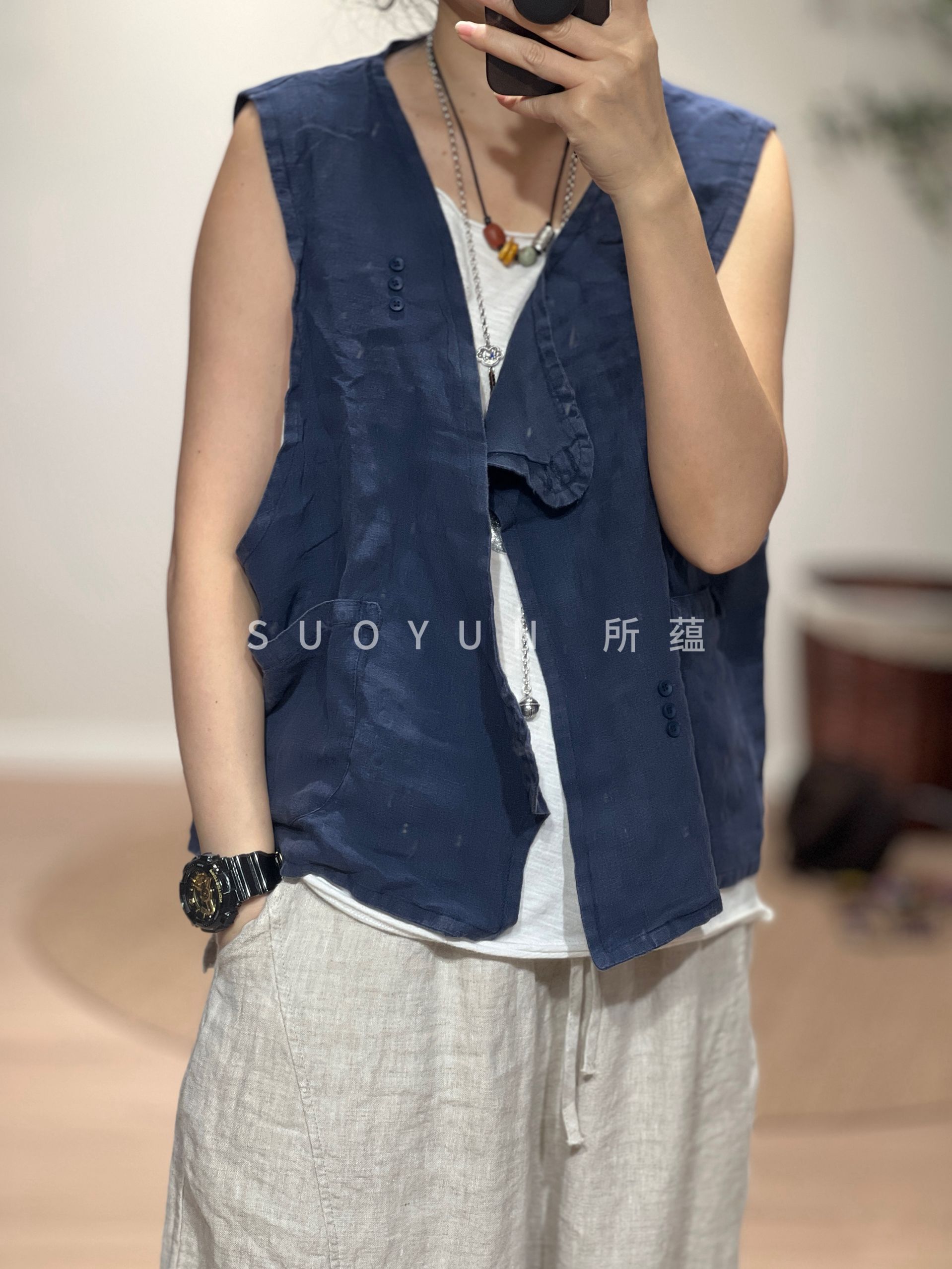 所蕴秋装新款亚麻双层不对称马甲复古休闲百搭女马夹M2