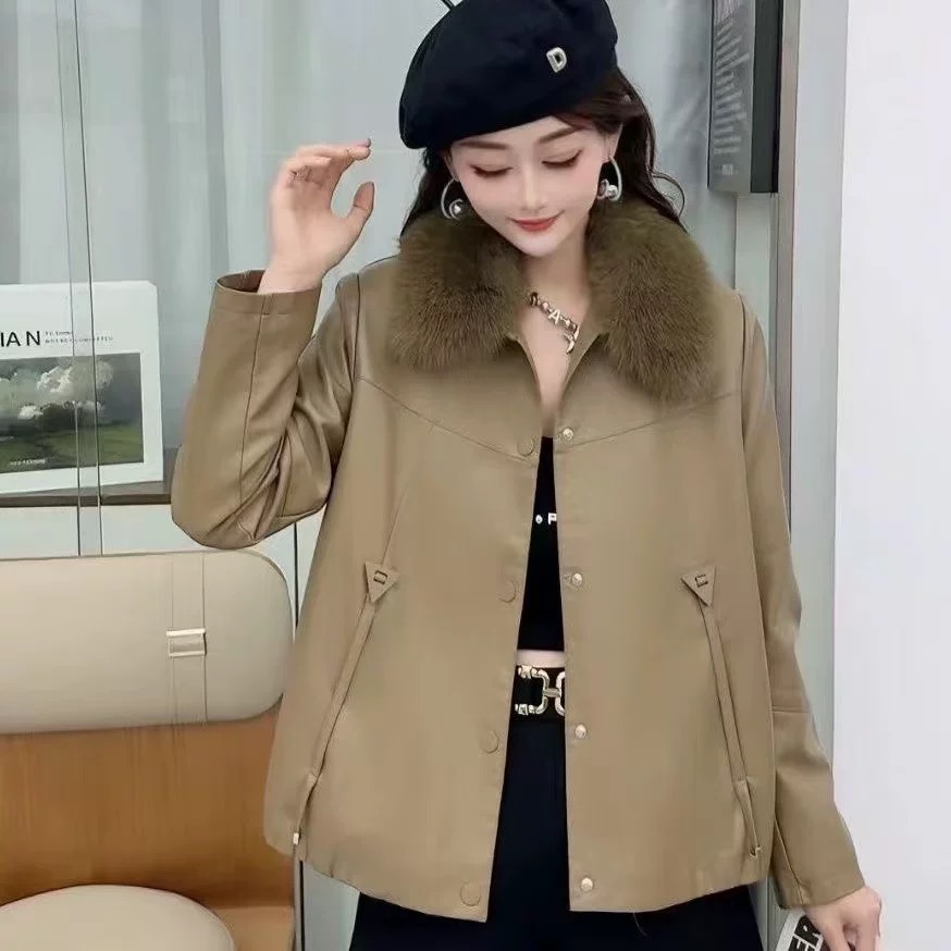 【加绒保暖】海宁正品2025冬加绒加厚时尚翻领气质皮衣外套女（03T）