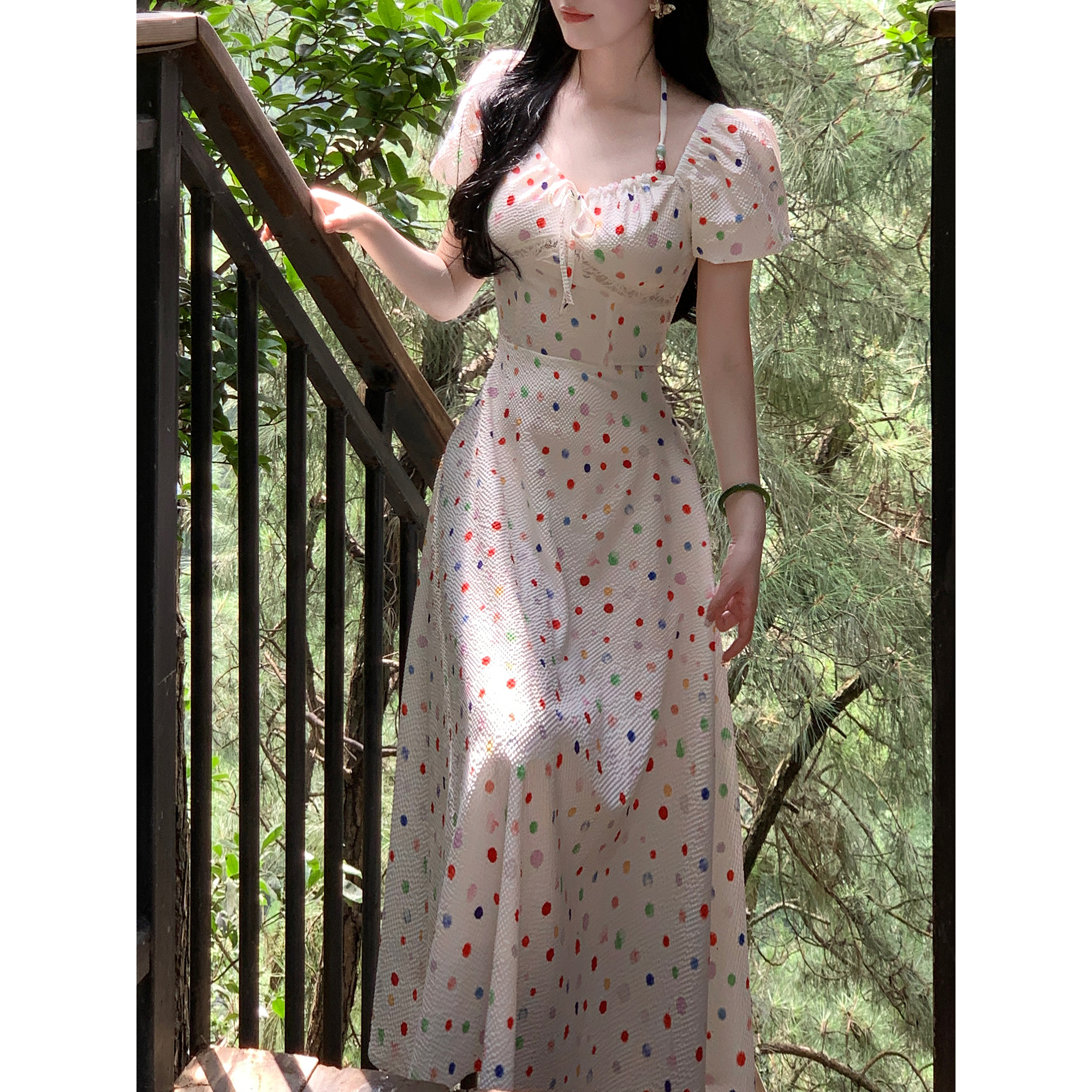 【春节倾仓】《彩色波点》法式敲柔软面料串珠绑带设计感收腰连衣裙