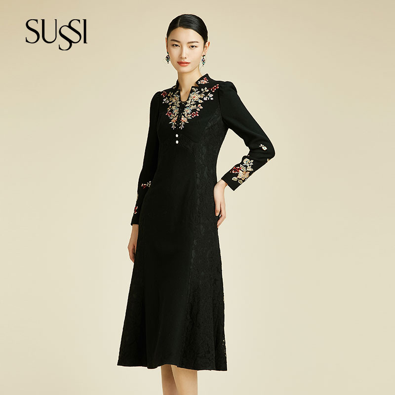 SUSSI/古色【金枝玉叶】冬季新品商场同款立领拼蕾丝刺绣礼服连衣裙
