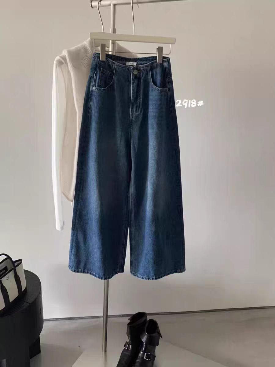 秋冬新款加绒韩版九分直筒阔腿牛仔裤女牛仔裤中高腰显瘦收胯新款