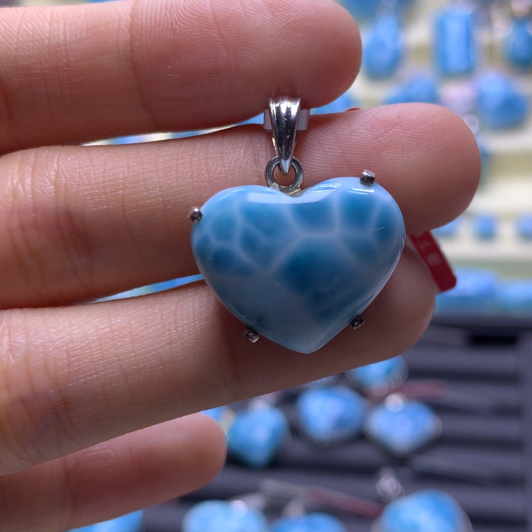 针钠钙石（海纹石）银S925镶嵌吊坠(不含链)爱心吊坠色差略异