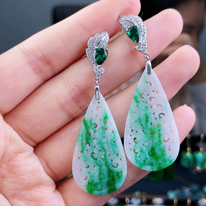 翡翠耳饰银S925镶嵌饰品