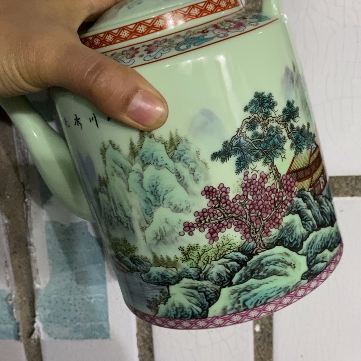 摆件陶绿稀土粉彩山水提梁壶