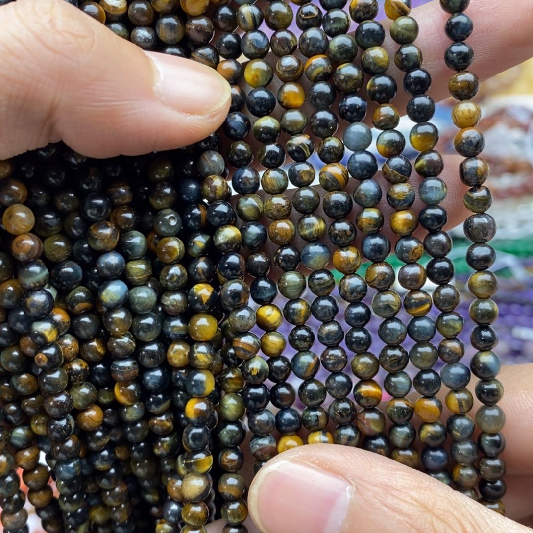 未镶嵌玛瑙/玉髓珠宝半成品一条天然4.5mm+黄蓝虎眼石圆珠