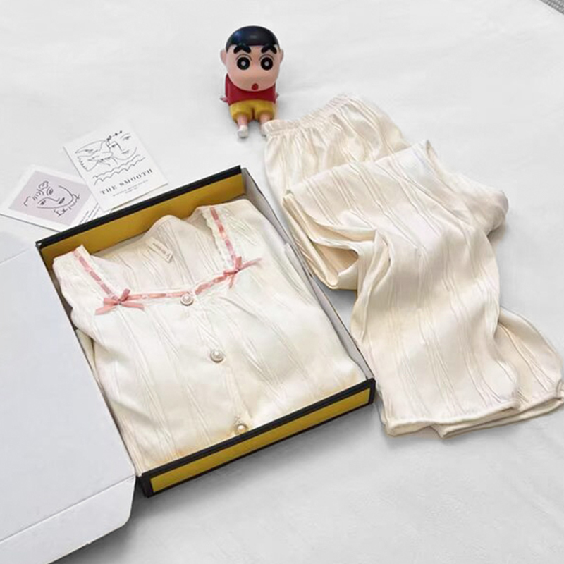 睡衣女秋季新款长袖带胸垫开衫休闲甜美宽松大码可外穿家居服套装