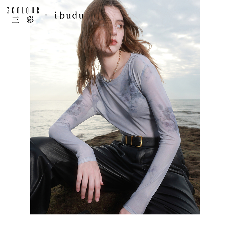 【粉丝专属】三彩ibudu2025春季新款网纱印花T恤皮肤衣圆领短dbx