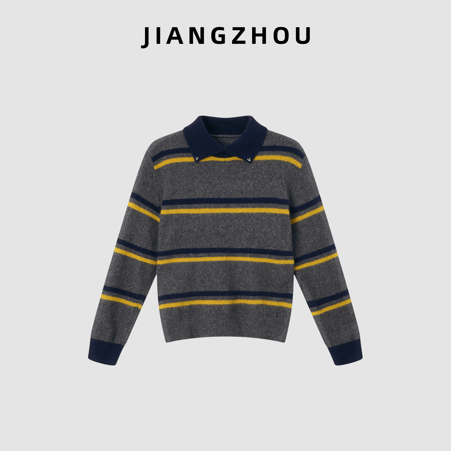 江洲【彩羚】秋冬新款设计感撞色条纹翻领羊毛针织衫洋气百搭上衣