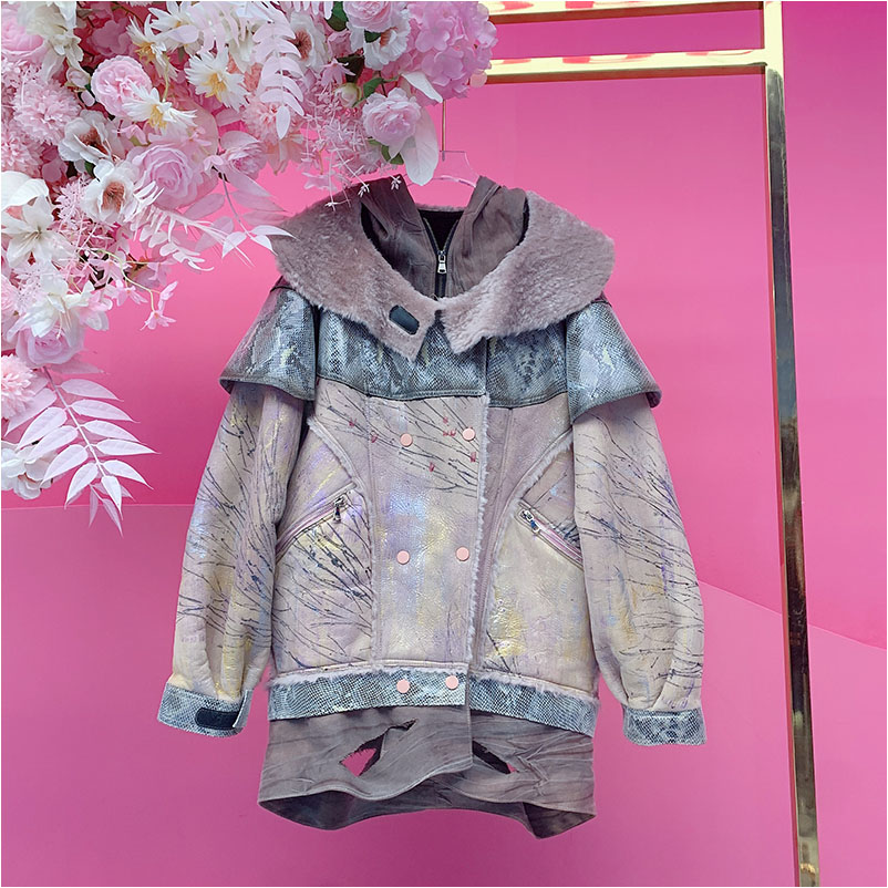 X22872欧美设计师2025冬季新款涂鸦拼接不规则做破皮毛一体外套女