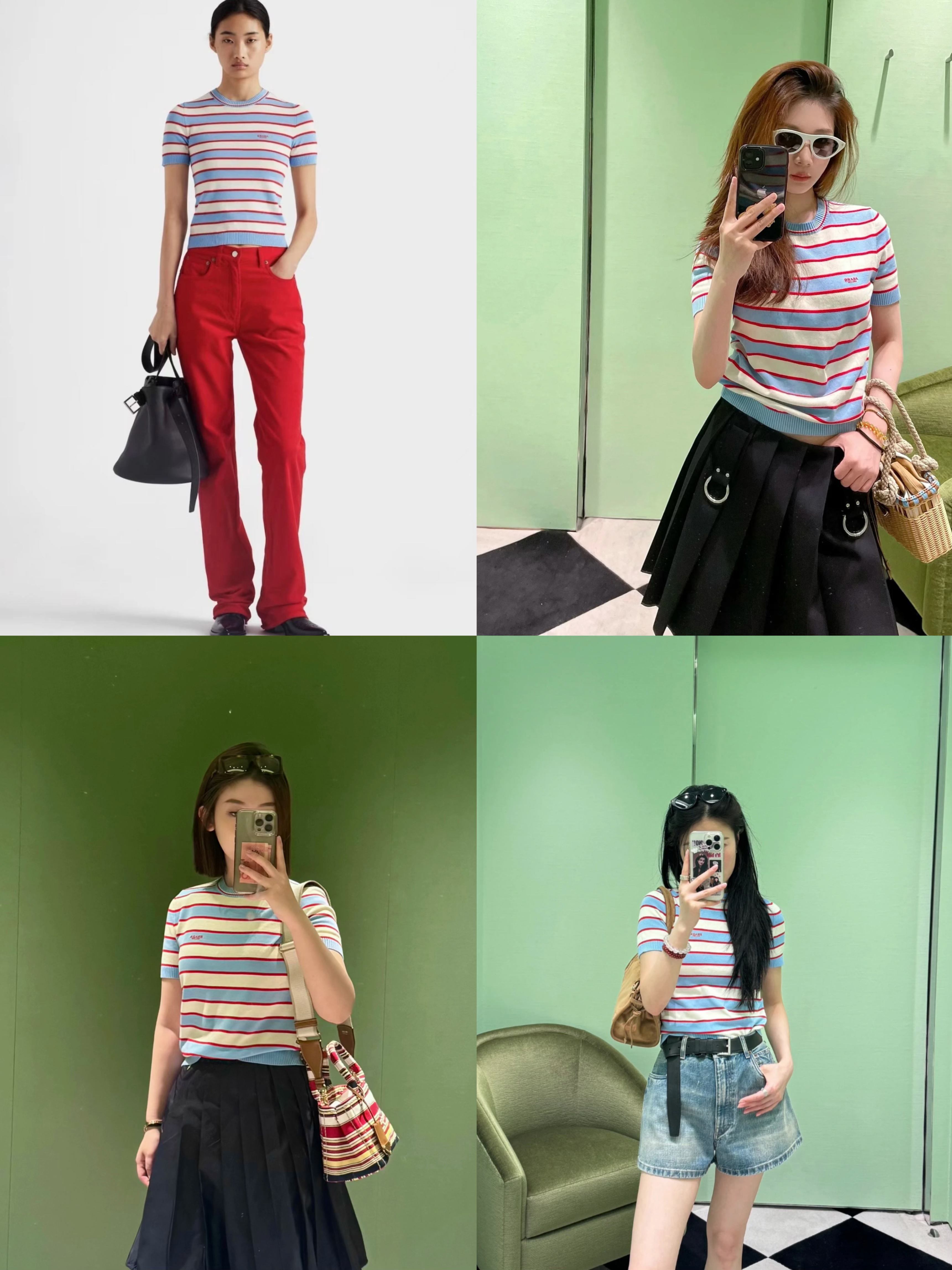 时髦复古 字母提花撞色红蓝白条纹圆领套头短袖针织衫50216