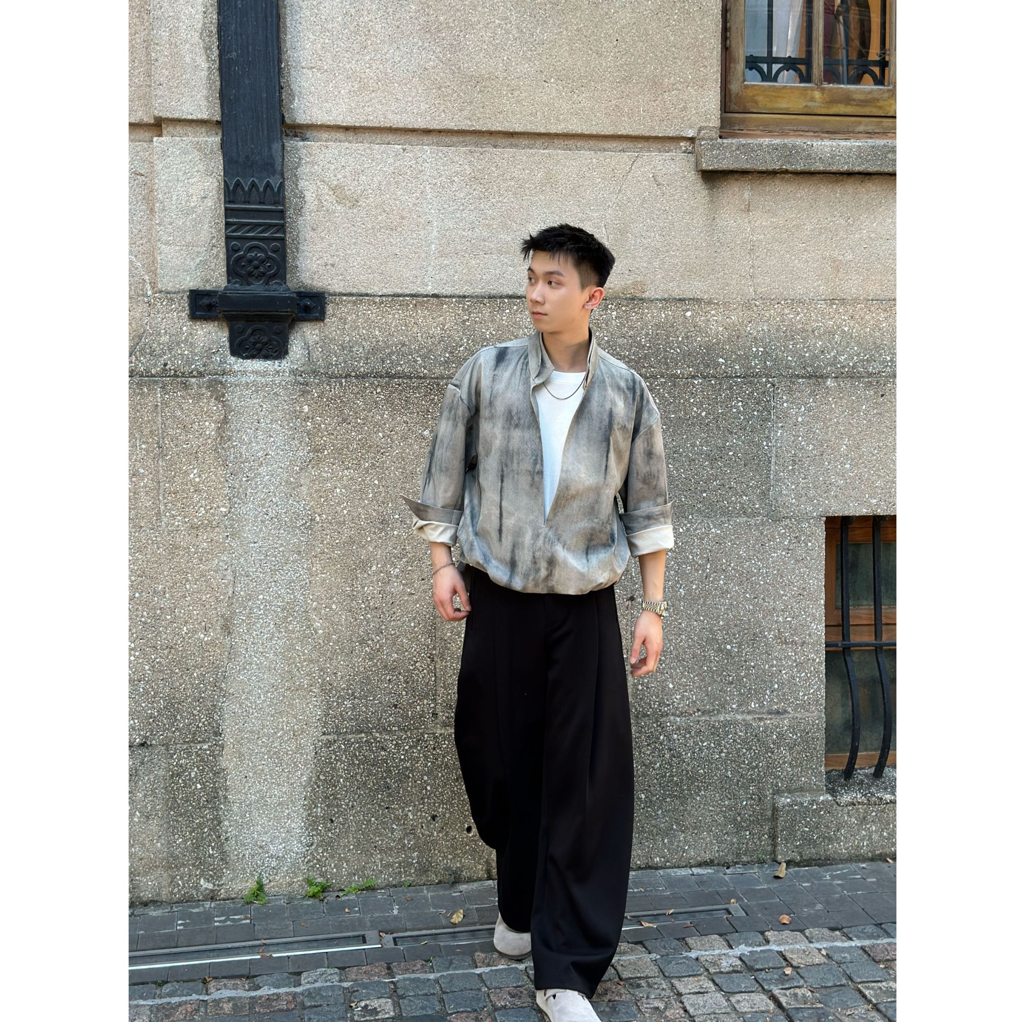 【S177】[渐变扎染工艺]秋季复古拼接铆钉立领弹力下摆假两件衬衫