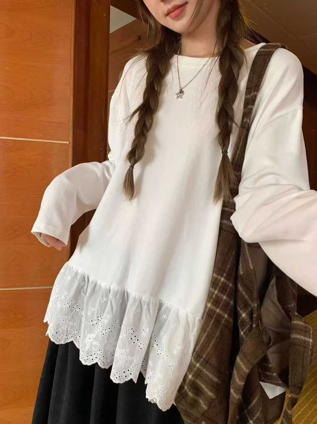 甜美纯色白色蕾丝中长款宽松显瘦百搭圆领打底