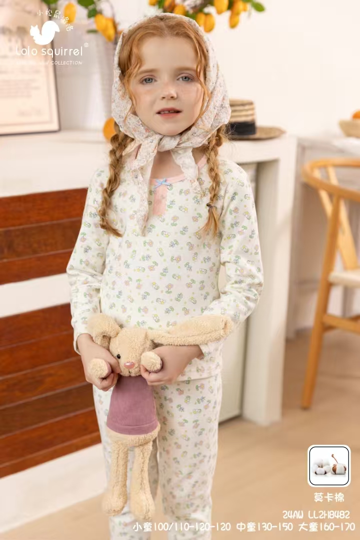 小松鼠洛洛莫卡棉女童素雅碎花  秋衣套装LL2H8482