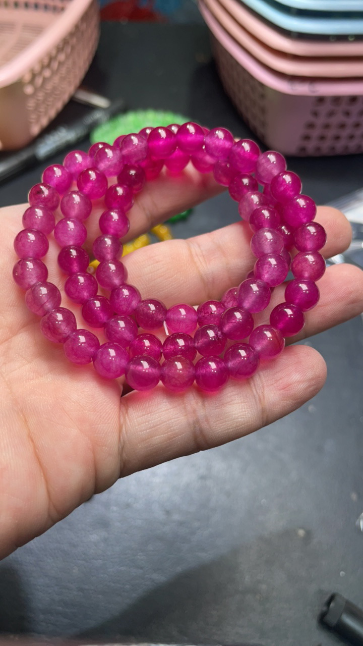 D  908  卡8 三圈冰玫红手串