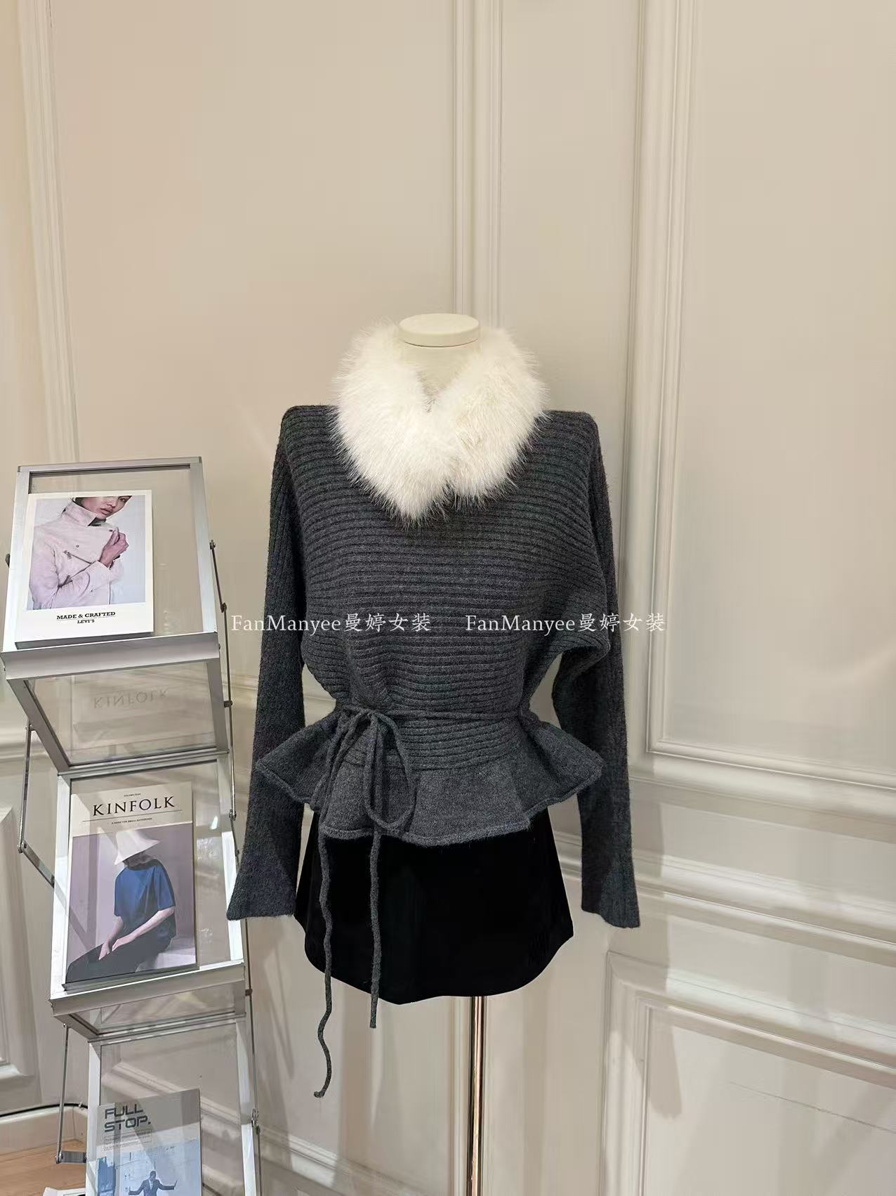 【浪漫气息】秋冬韩系甜美风收腰裙摆绑带毛衣+毛领两件套n