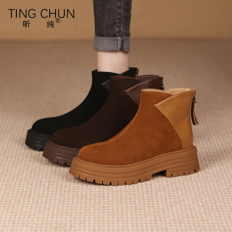 听纯18291秋冬2025新款真皮短靴复古阔腿裤必备鞋底加绒靴子防滑