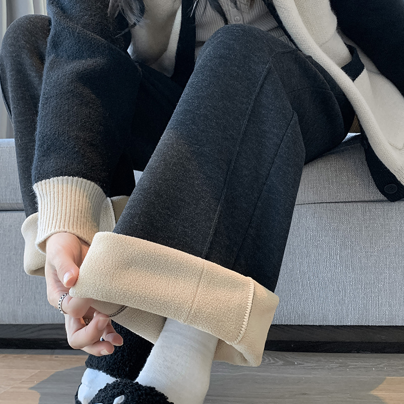 2025秋冬季加绒加厚软糯米阔腿裤女高腰直筒运动休闲宽松长裤显瘦