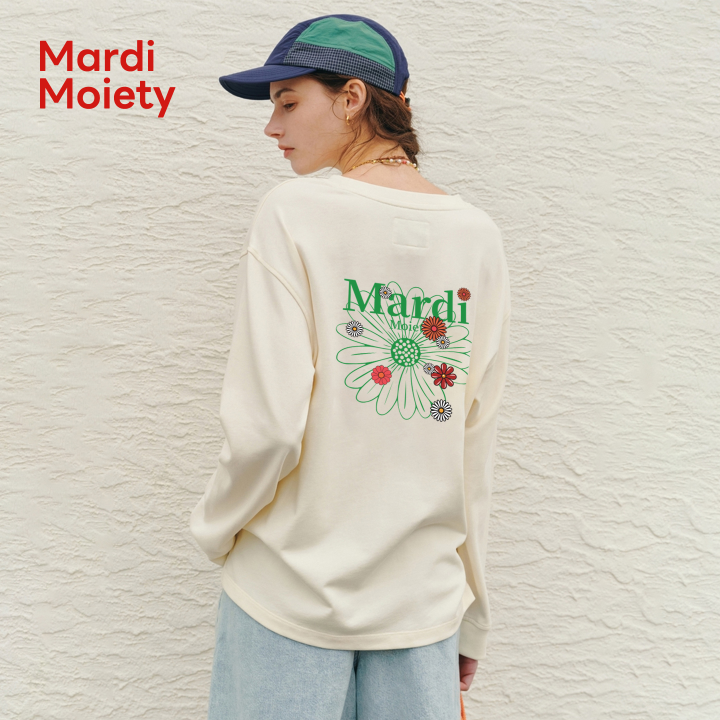 Mardi Moiety官方小雏菊白色圆领套头卫衣女秋季设计感小众上衣