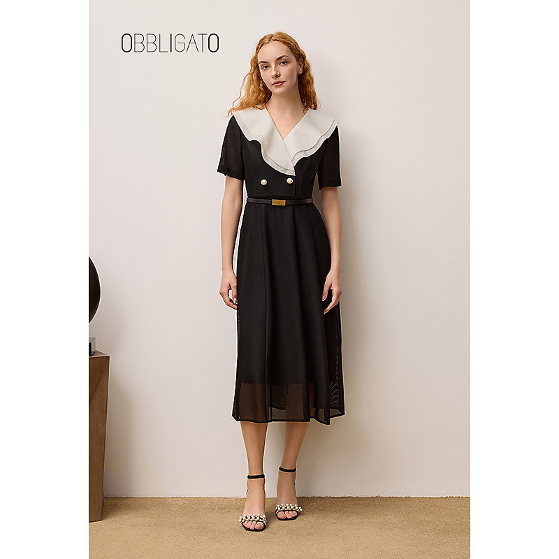 OBBLIGATO奥丽嘉朵2025夏季1C35205530新品荷叶边网纱收腰连衣裙