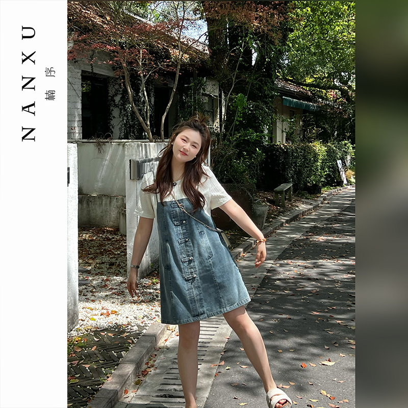 楠序微胖女装 裙子胖mm显瘦款时尚气质假两件夏季连衣裙YZ36122